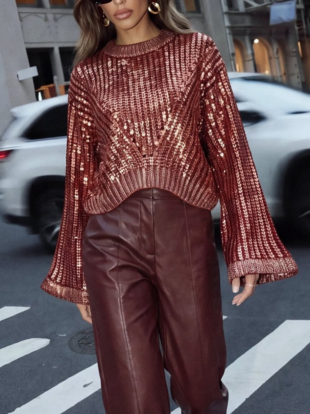 Burgundy Casual Women's Gradient Foil Flare Sleeve Cropped Sweater